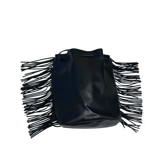 Victoria’s Secret Black Drawstring Fringed Backback Tote Faux Leather NWOT - Picture 4 of 11